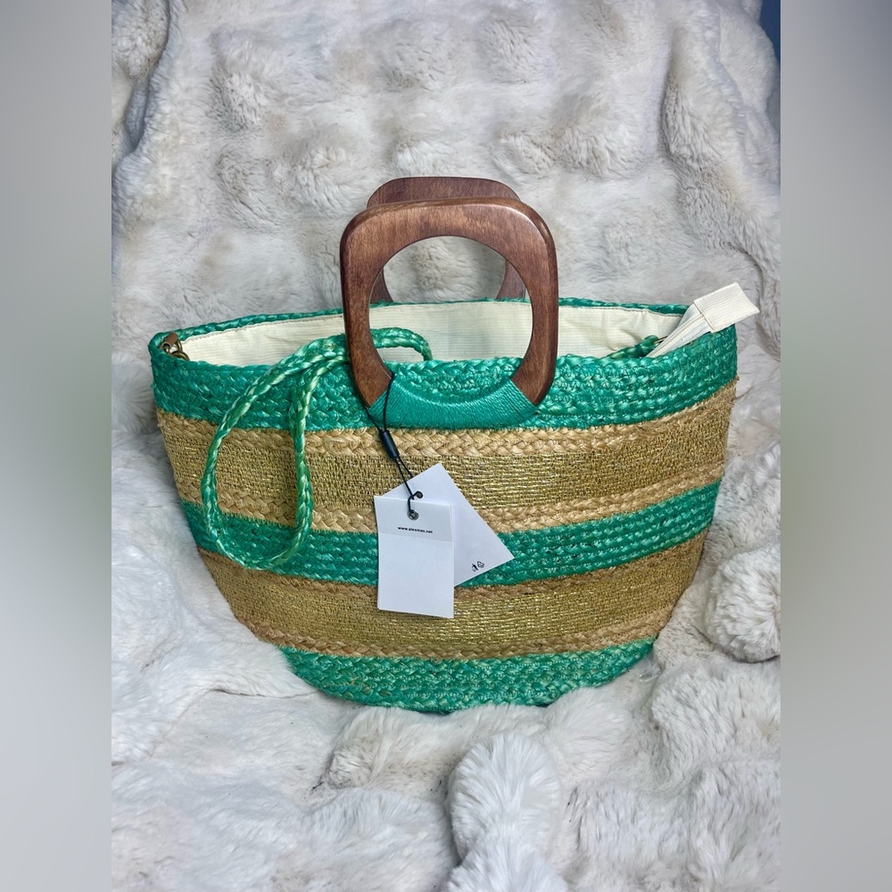 Alex Max XL Braided Green Gold Striped Straw Tote Crossbody Wood Handle Handbag